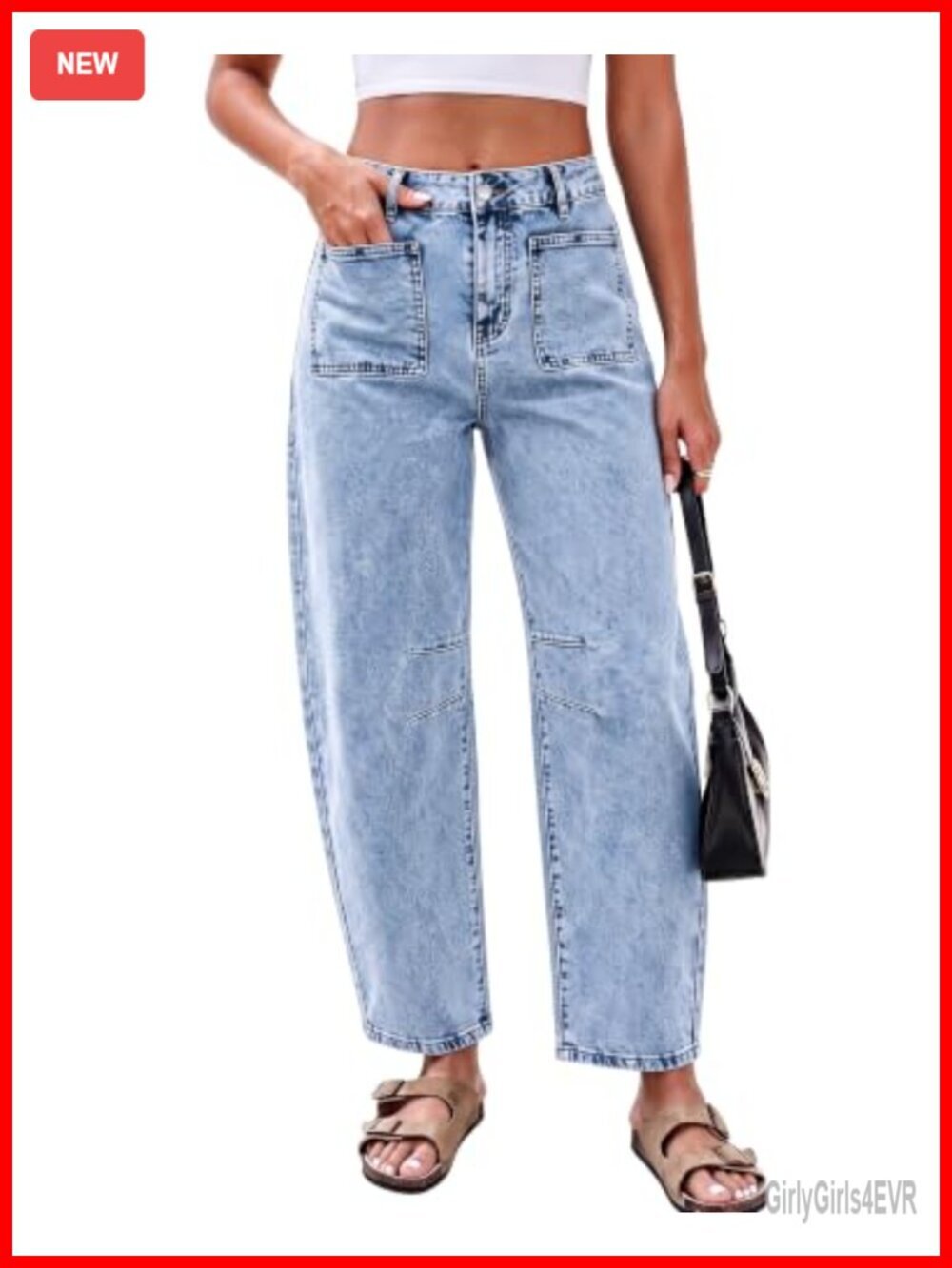 Barrel Jeans High Waisted Cropped Patch Pocket Baggy Stretch Denim